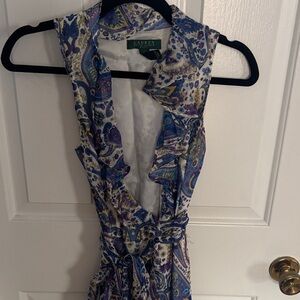 Lauren Ralph Lauren Blue, White & Purple Paisley Ruffle Sleeveless Dress